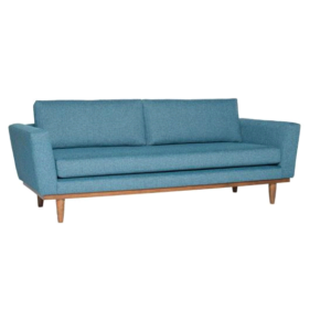 pictured: modern blue 2 seat sofa, wooden legs, MCM feel. Sold By Forma Furniture