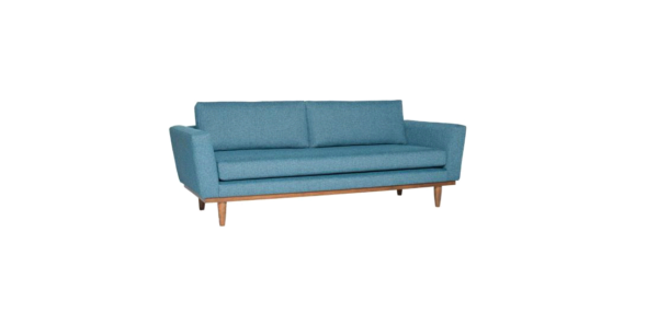 pictured: modern blue 2 seat sofa, wooden legs, MCM feel. Sold By Forma Furniture