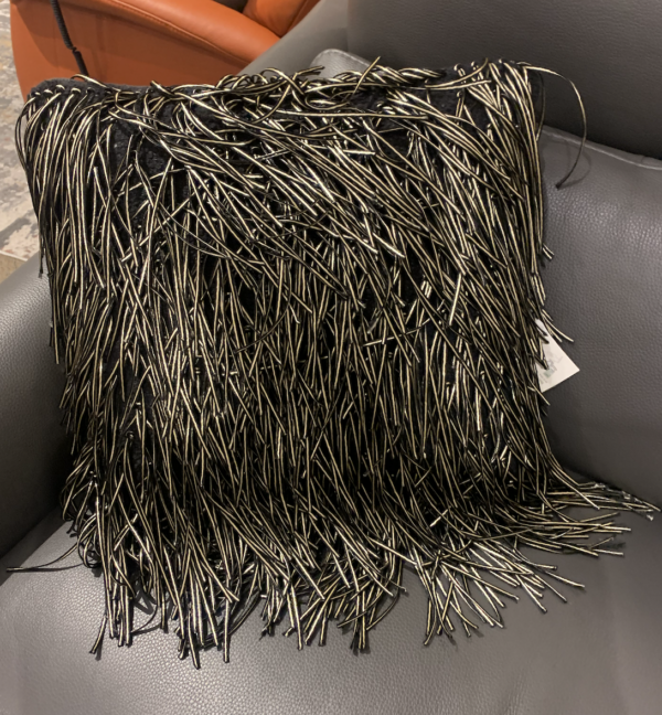Black leather and gold fringe throw pillow