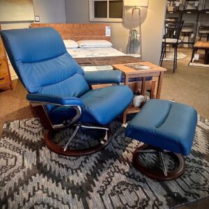 Forma Furnitures' stressless view recliner with footstool in Crystal blue size large signature base sale clearance